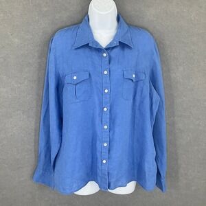 Lands' End Blue Linen Button‎ Down Shirt Long Sleeve Women's Size 14 Breathable